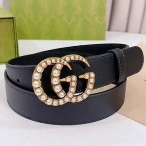 Gucci Black Leather Belt with Pearl GG Buckle - 95cm, New with Box